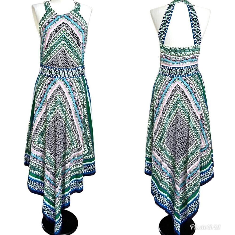 NWT Eliza J scarf Print Asymmetric Midi Dress size 8 Teal Vacation boho - Picture 14 of 15